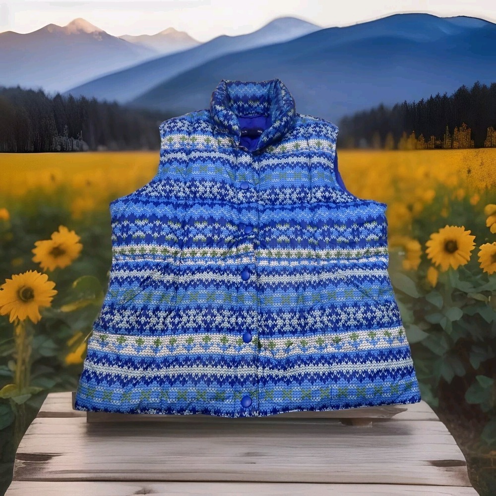Lands' End Puffer Vest Womens XS Blue Excellent Fair Isle Down Insulated Snap